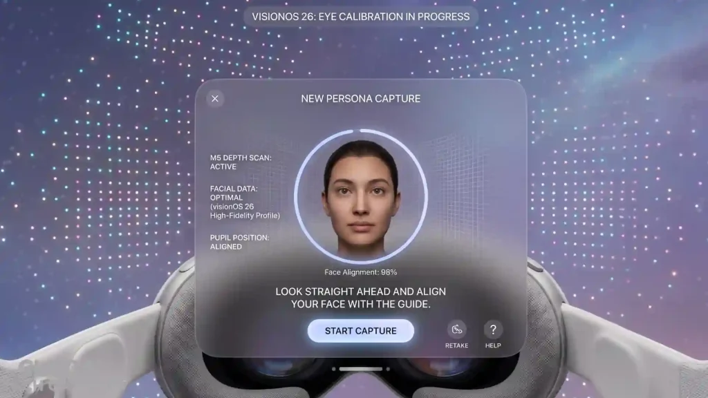 How to Set Up Apple Vision Pro M5: visionOS 26 Tips & Guide 3 Eye calibration dots and new Persona capture screen during Apple Vision Pro M5 2026 setup on visionOS 26