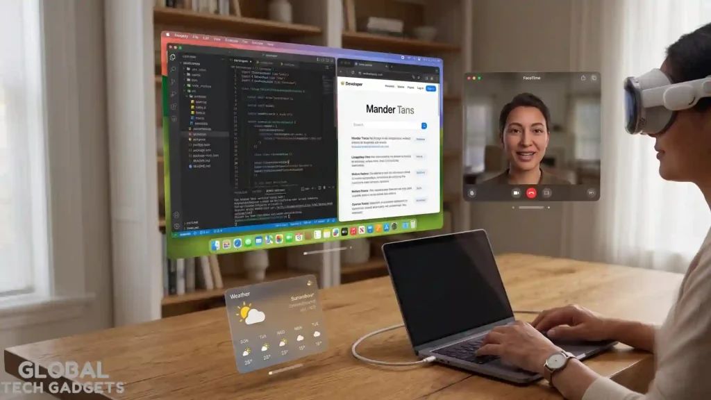 How to Set Up Apple Vision Pro M5: visionOS 26 Tips & Guide 4 Spatial widgets pinned to a table, Mac Virtual Display at 120Hz, and realistic Persona in FaceTime on Apple Vision Pro M5 with visionOS 26
