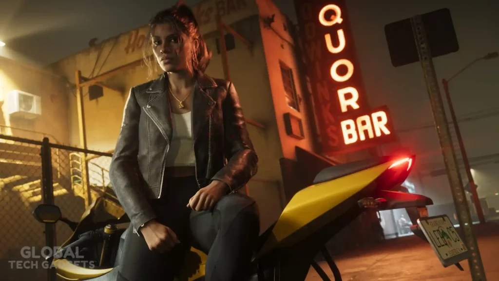 GTA 6 Pre-Orders Are Now Live: Start Date, Prices, Bonuses & How to Buy 7 Lucia Caminos standing with motorcycle near a liquor bar in GTA 6