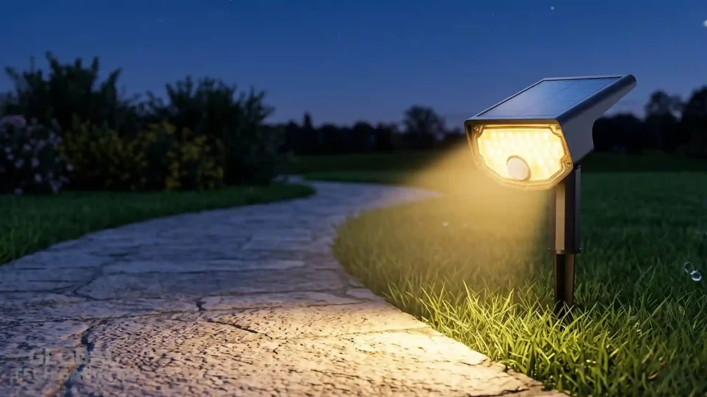 The 10 Best Outdoor Solar Lights 1 A single black AloftSun motion sensor solar landscape spotlight staked in a green lawn at evening, illuminated and casting warm yellow light onto a nearby stone walking path