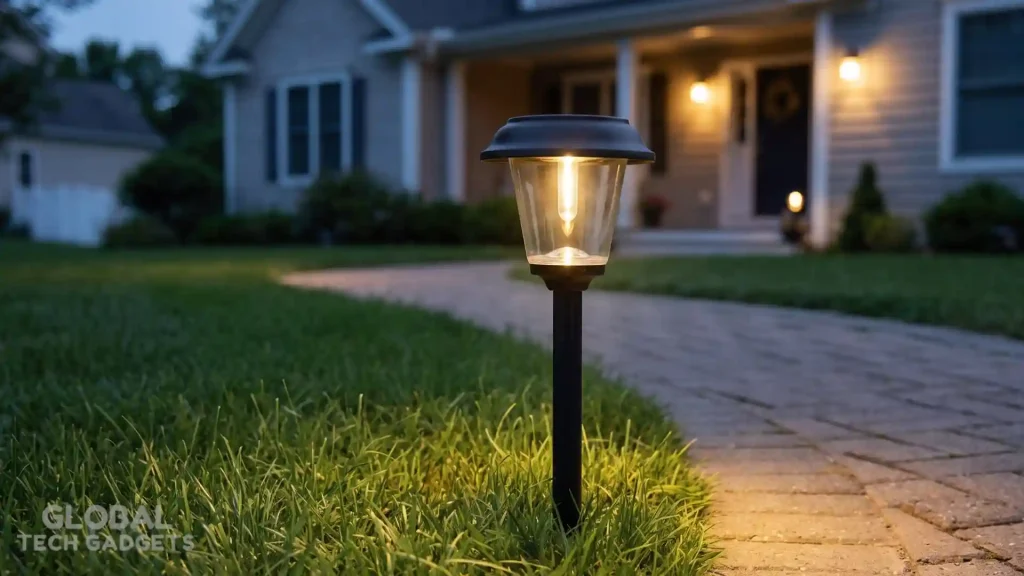The 10 Best Outdoor Solar Lights 4 Better Homes & Gardens Elijah Solar Path Light illuminating a brick walking path on a suburban lawn at dusk