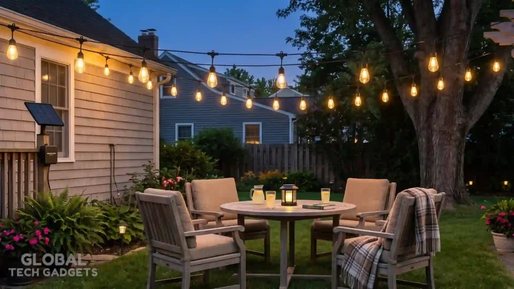 The 10 Best Outdoor Solar Lights 7 A cozy American-style backyard patio at dusk, featuring Brightech Ambiance Pro Solar String Lights hanging above a teak wood table and four cushioned chairs set on the lawn. The lights are illuminated, casting a warm glow. A solar panel system is visible.
