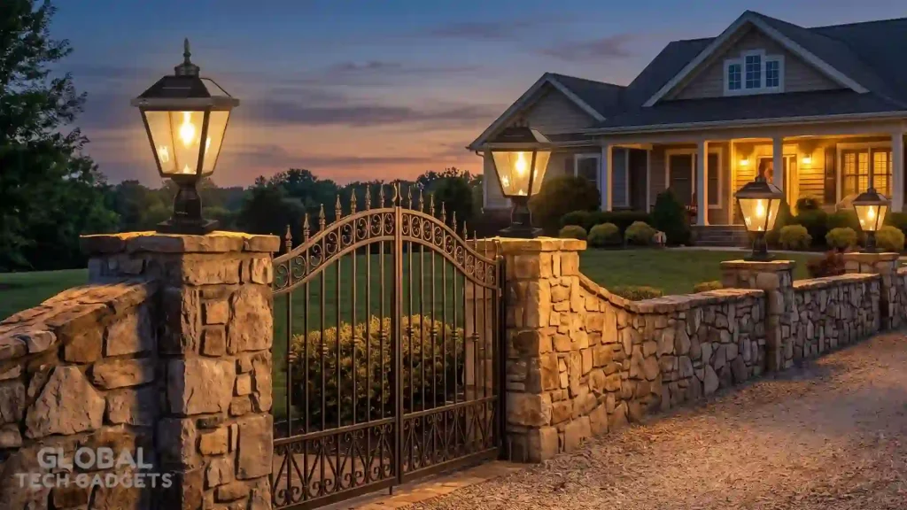 The 10 Best Outdoor Solar Lights 9 Kemeco Solar Post Lights installed on a stone wall and surrounding an American-style gate leading to a home at dusk. The lights are on and illuminating the driveway and surrounding landscaping