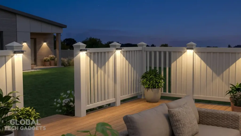 The 10 Best Outdoor Solar Lights 8 a wooden patio deck featuring Lianglome Solar Fence Lights mounted on a white vinyl fence, casting a bright warm glow over the lounge furniture and potted plants