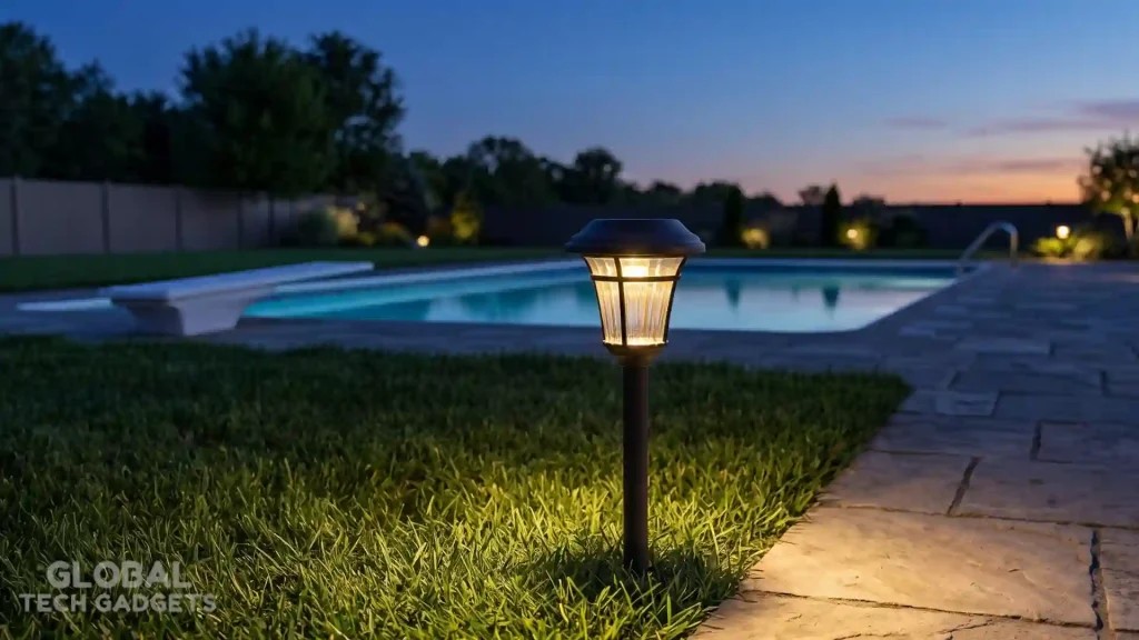 The 10 Best Outdoor Solar Lights 5 a single Maggift solar-powered pathway light illuminating a stone path on a green lawn during the evening, with an American-style swimming pool and backyard visible in the background