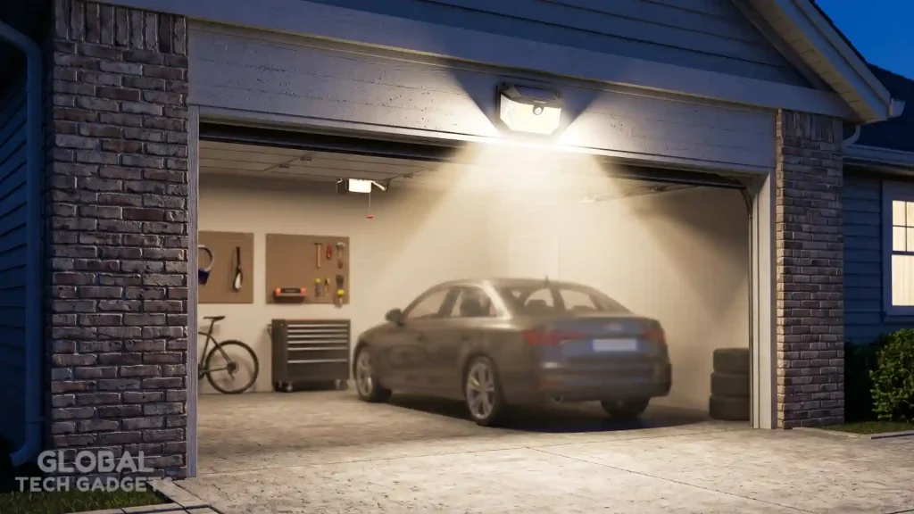 The 10 Best Outdoor Solar Lights 6 a garage of an American home at dusk, illuminated by a single TECKNET Solar Motion Sensor Lights