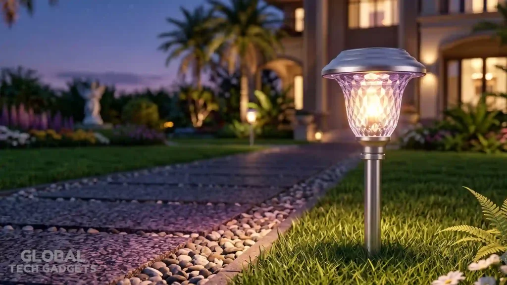 The 10 Best Outdoor Solar Lights 3 A single Beau Jardin color-changing solar pathway light illuminated on a green lawn next to a cobblestone path at dusk, with a luxury resort in the background.