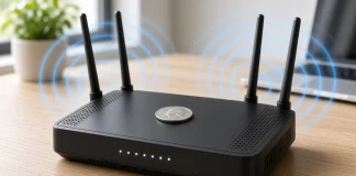 Does Putting a Coin on Your Wi-Fi Router Actually Improve the Signal? Black Wi-Fi router with four antennas and a silver coin placed on top, blue signal waves radiating from the antennas on a wooden desk