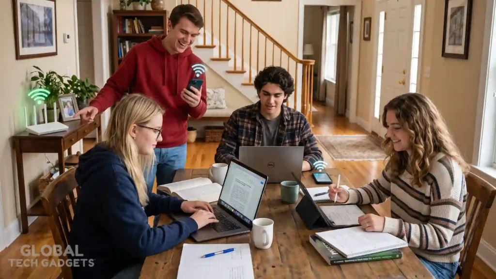 Does Putting a Coin on Your Wi-Fi Router Actually Improve the Signal? 2 Four young people studying and working on laptops, tablet and phones around a wooden table with a home Wi-Fi router nearby and signal icons visible
