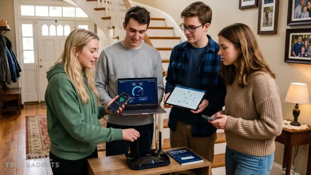 Does Putting a Coin on Your Wi-Fi Router Actually Improve the Signal? 3 Four young people examining a black Wi-Fi router, laptop speed test, tablet network map and phones while discussing home signal improvement