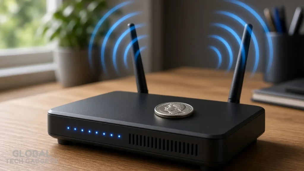 Does Putting a Coin on Your Wi-Fi Router Actually Improve the Signal? 1 Black Wi-Fi router with two antennas and a silver coin on top, blue signal waves and front LED lights glowing on a wooden desk
